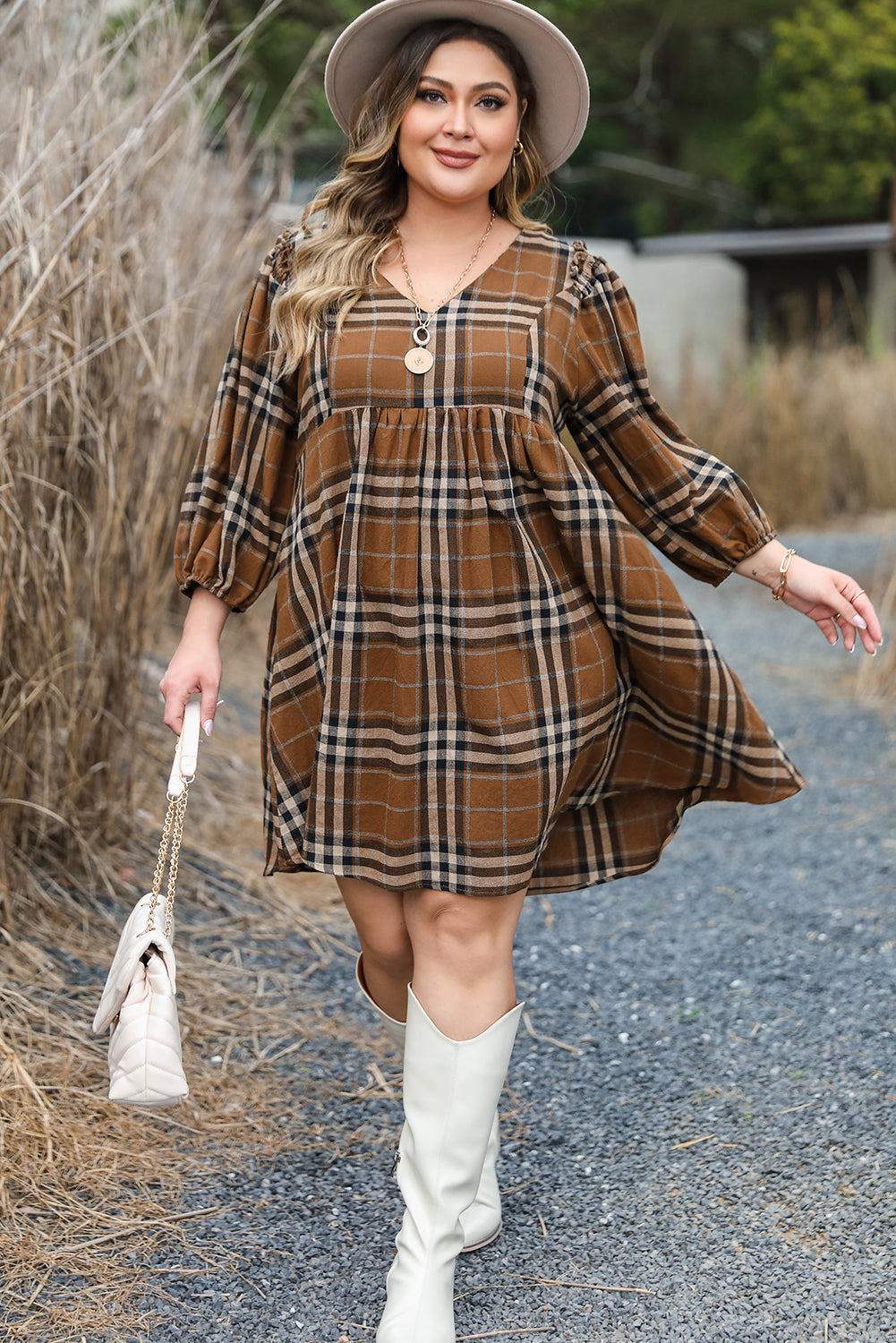 Brown Printed Plaid V Neck Plus Size Babydoll Dress