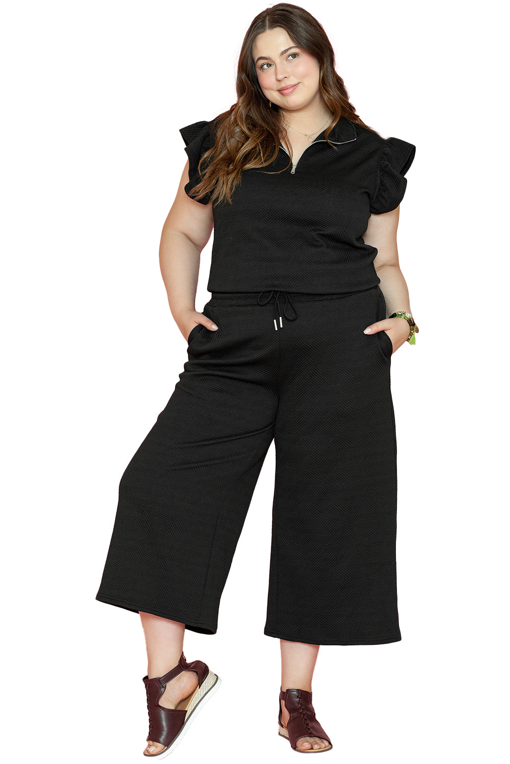 Black Plus Ruffled Sleeve Quarter Zip Top Wide Leg Pants Set