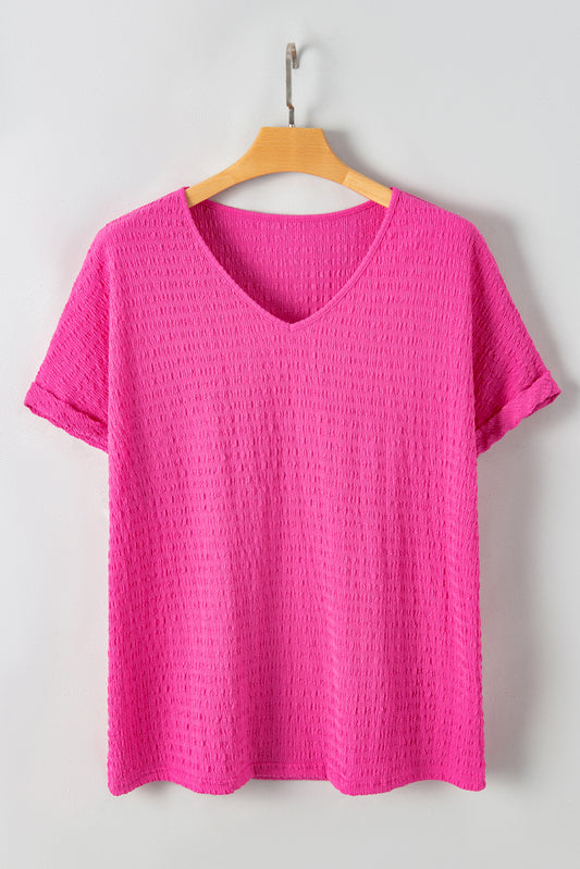 Bright Pink Plus Size Textured Folded Sleeve V Neck T Shirt