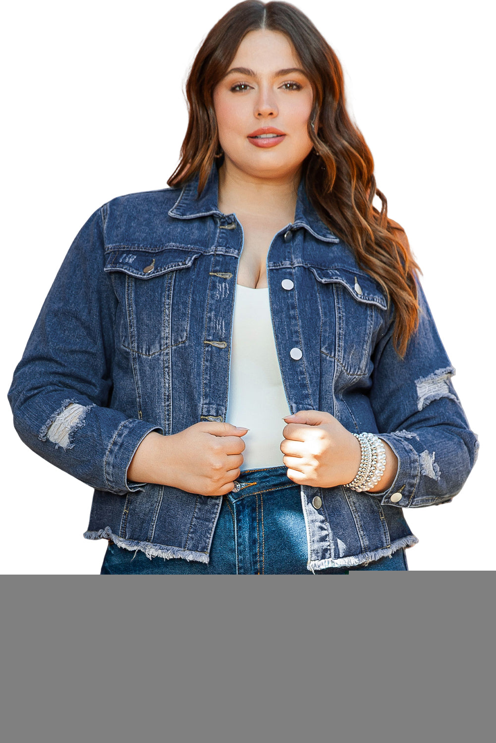 Dark Blue Plus Size Distressed Flap Pocket Denim Jacket