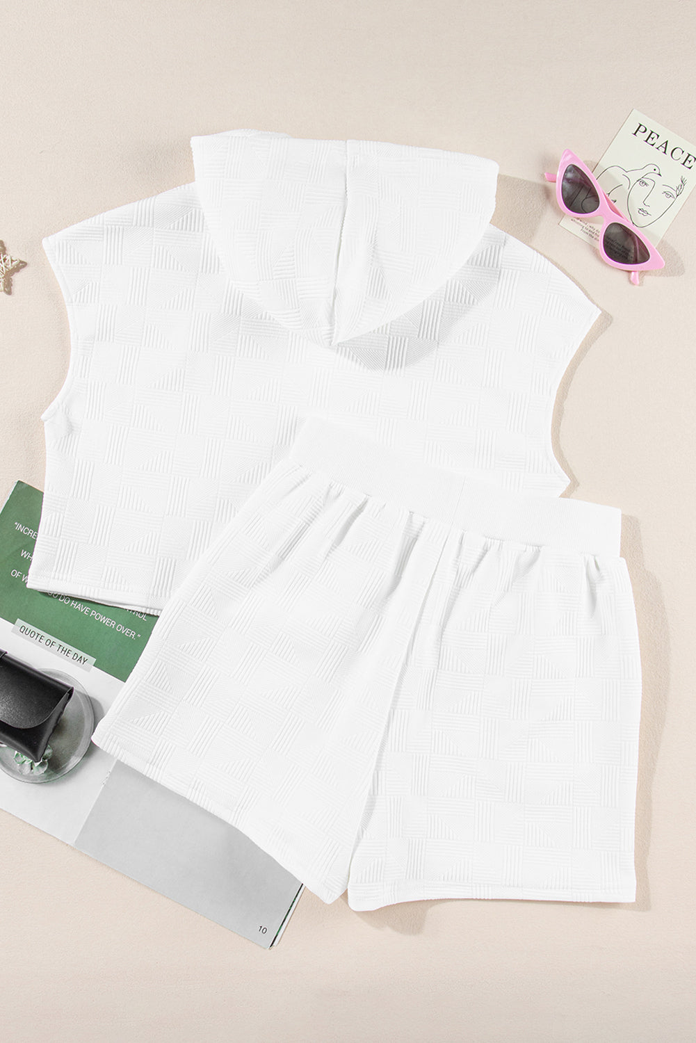 White Textured Cropped Hoodie and Shorts Set