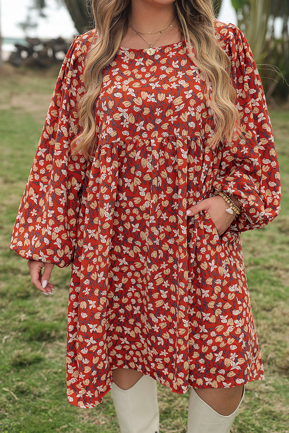 Gold Flame Floral Print Square Neck Bubble Sleeve Plus Size Midi Dress