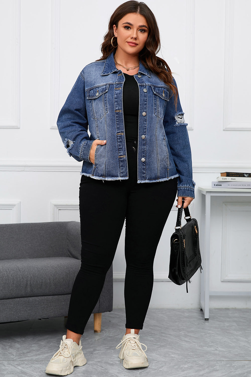 Dark Blue Plus Size Distressed Flap Pocket Denim Jacket