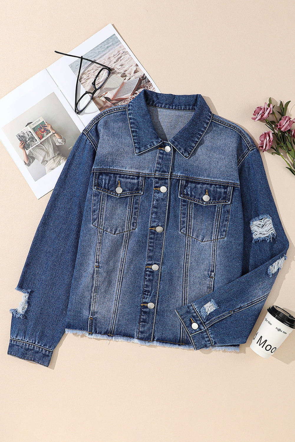 Dark Blue Plus Size Distressed Flap Pocket Denim Jacket