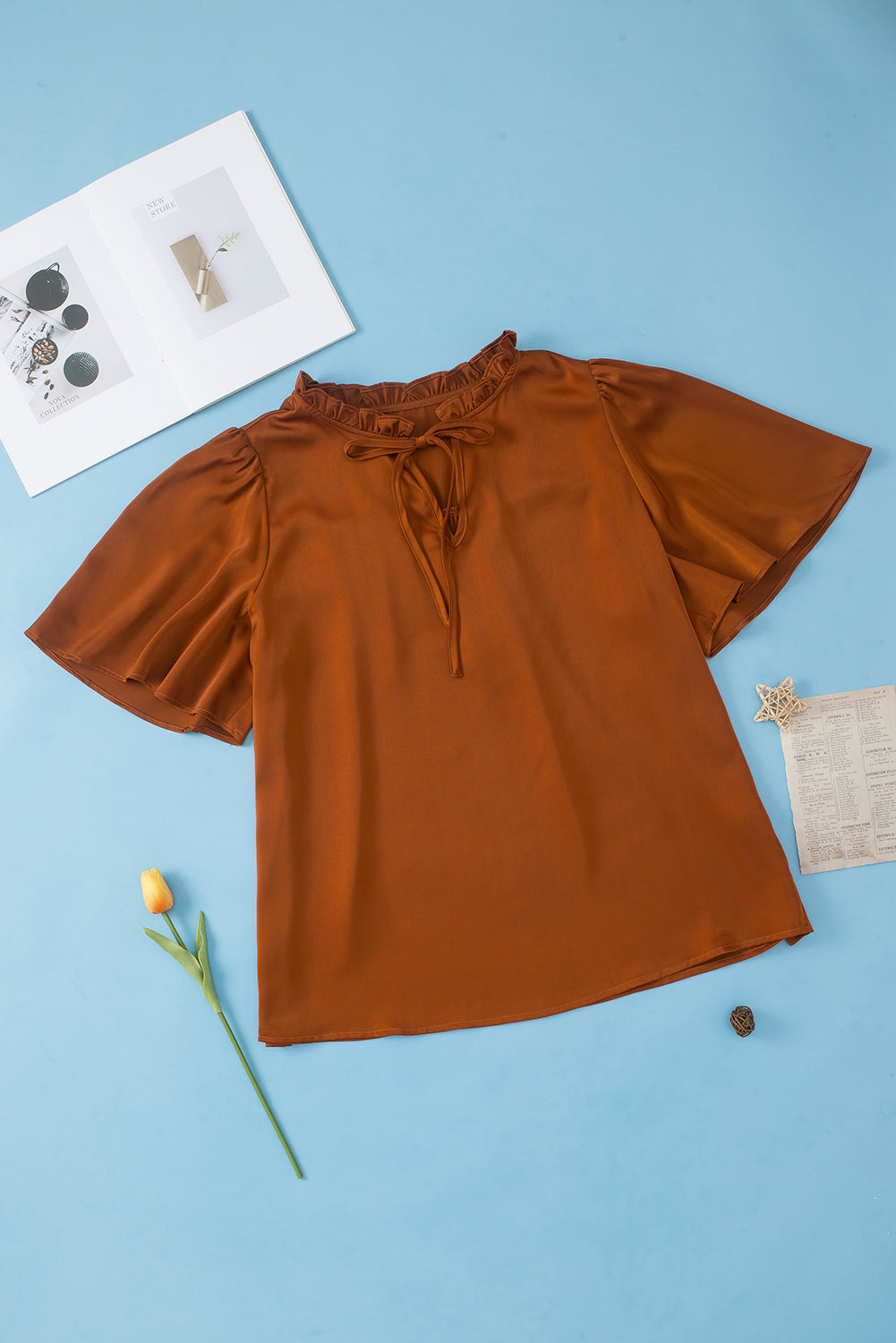 Chestnut Frilled Split Neck Plus Size Satin Blouse