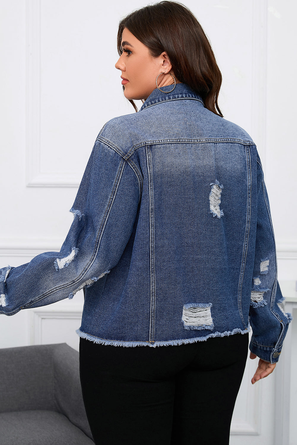 Dark Blue Plus Size Distressed Flap Pocket Denim Jacket