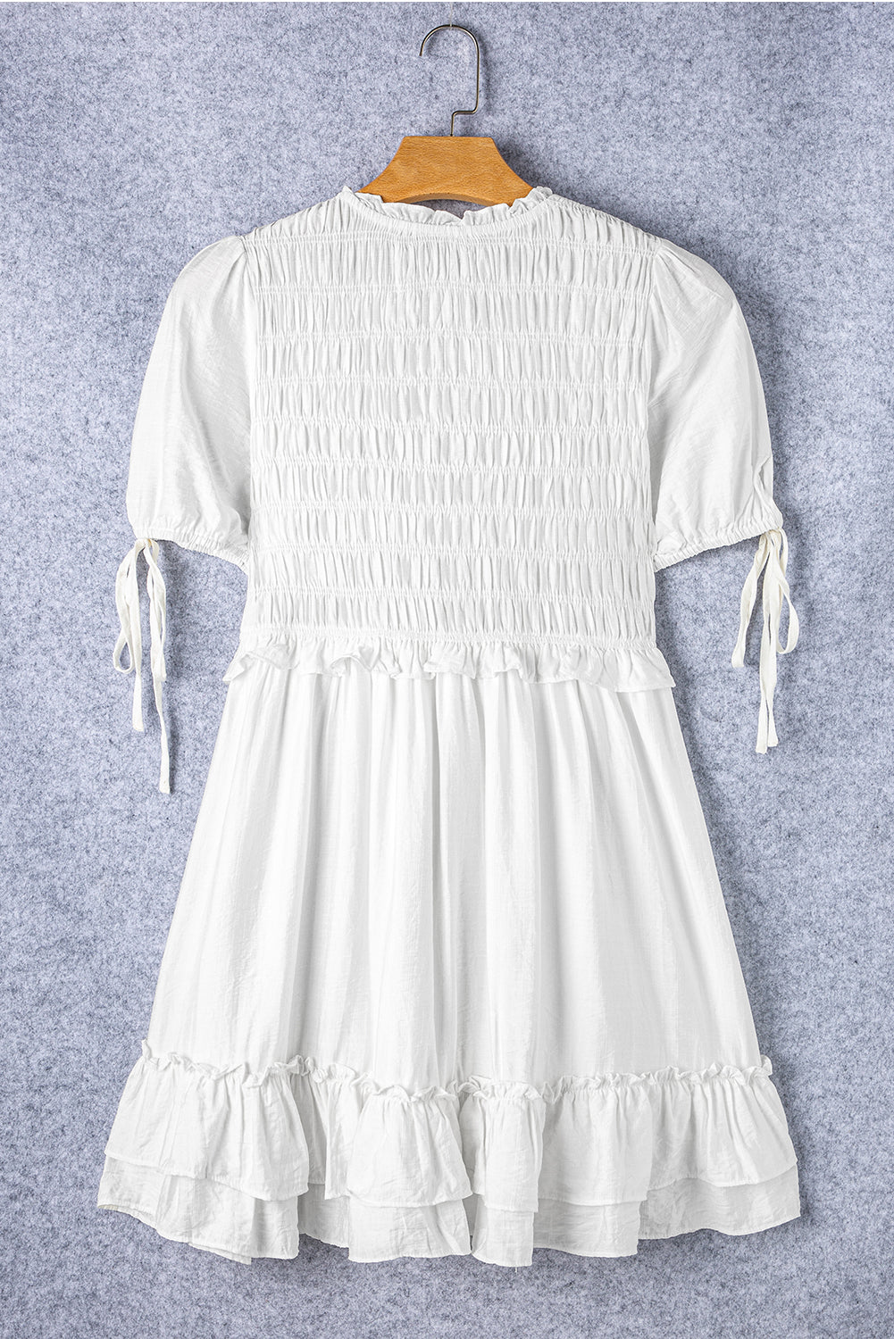 White Tie Short Sleeves Smocked Ruffle Mini Dress
