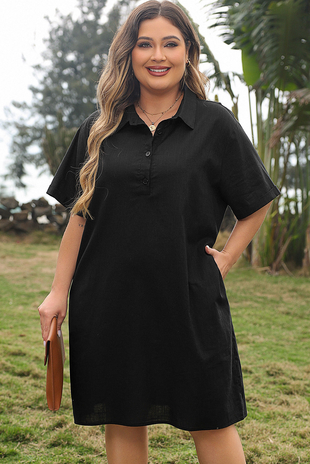 Black Plus Size Shirt Collar Buttoned Short Sleeve Shift Dress