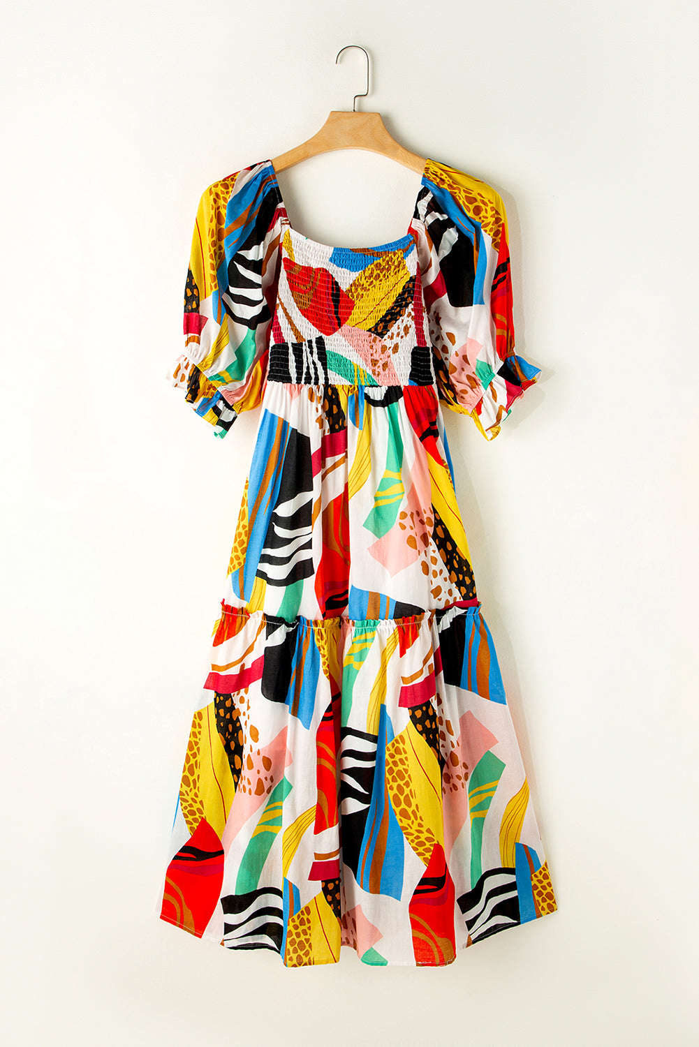 White Square Neck Smocked Abstract Print Boho Maxi Dress