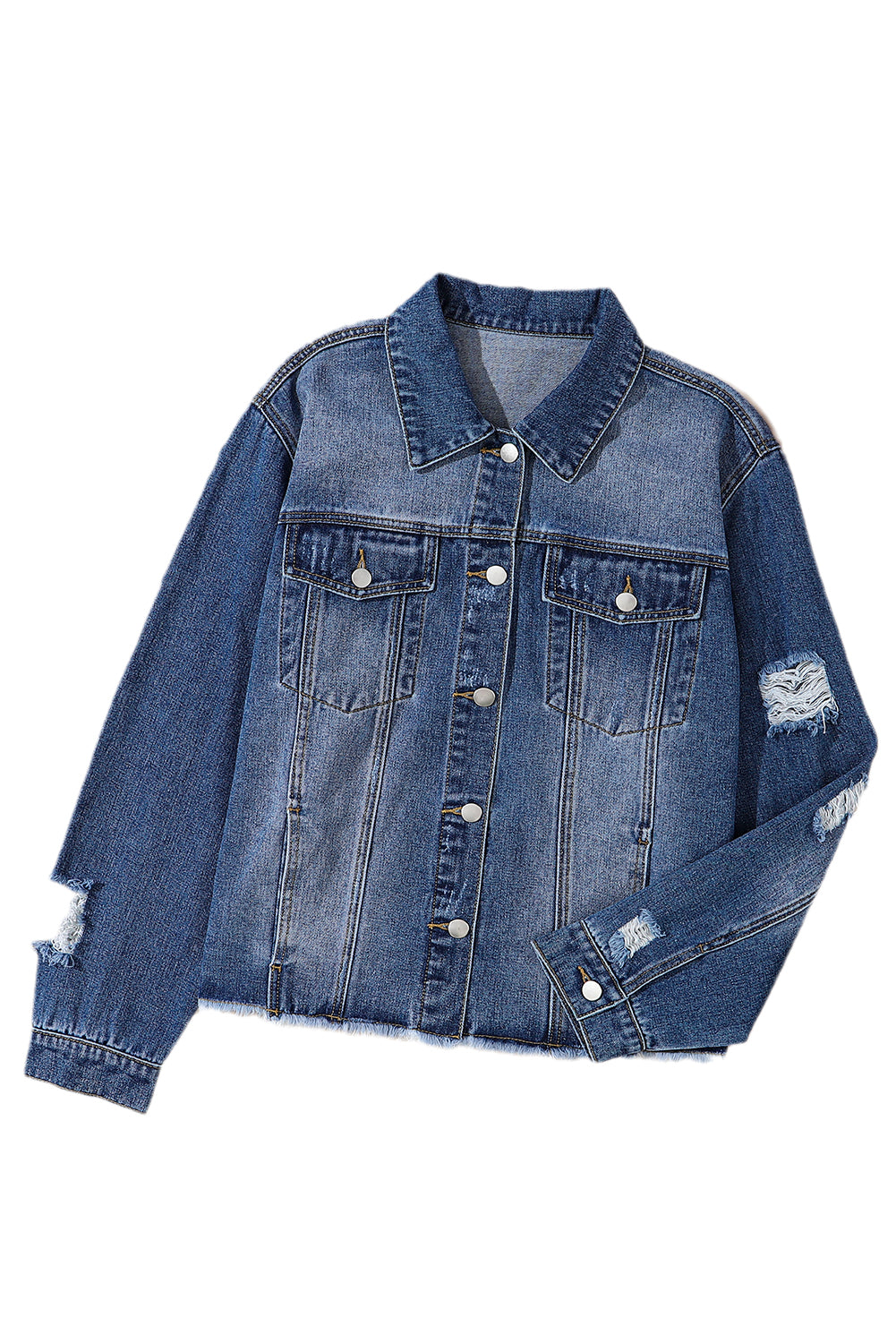 Dark Blue Plus Size Distressed Flap Pocket Denim Jacket