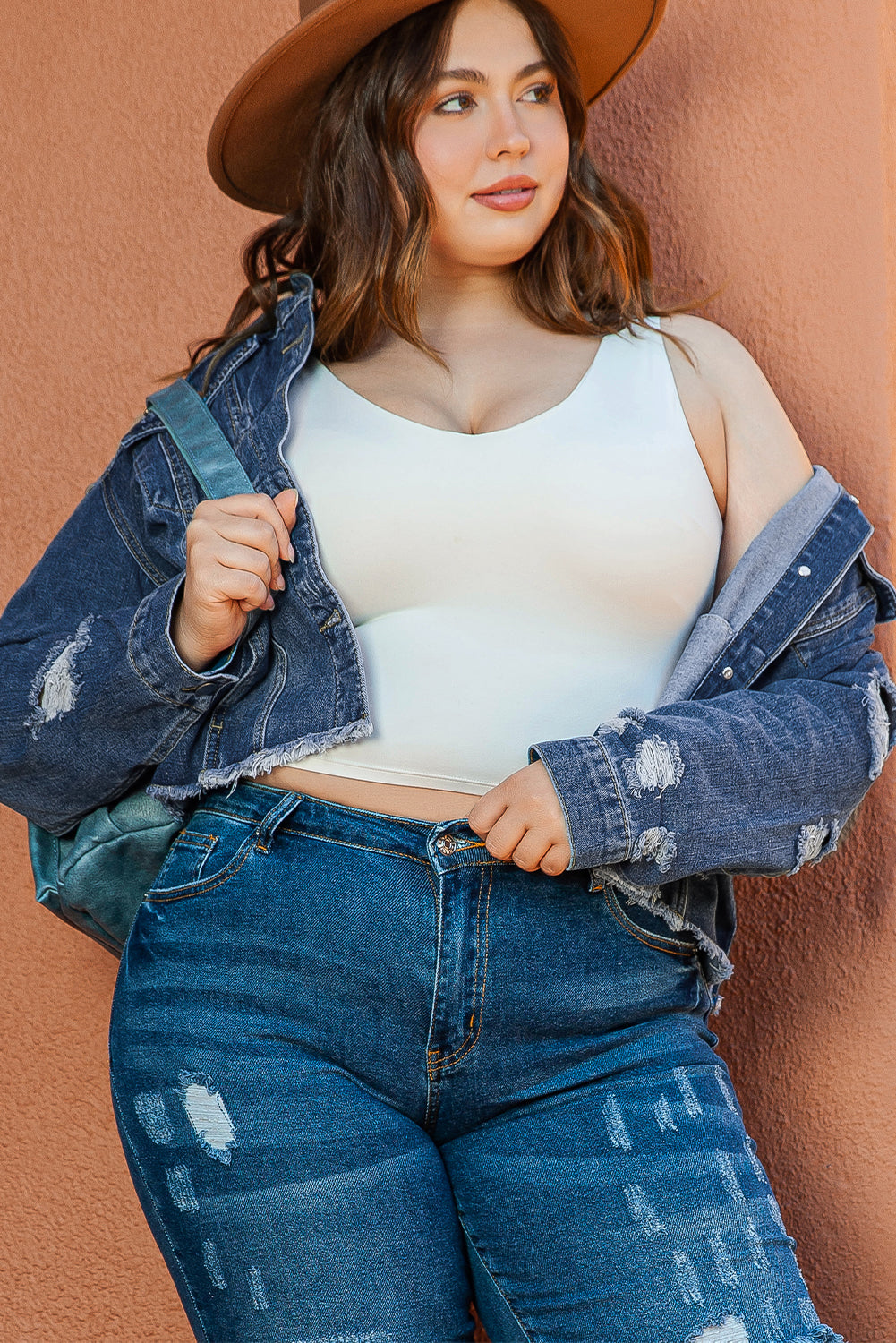 Dark Blue Plus Size Distressed Flap Pocket Denim Jacket