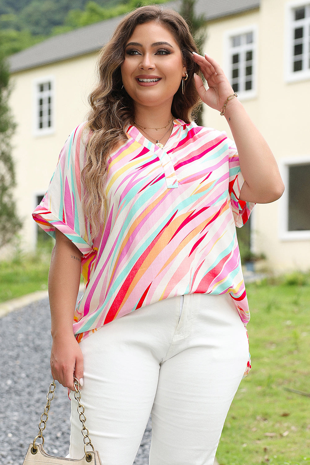 White Abstract Print Short Sleeve Notched Neck Plus Size Top