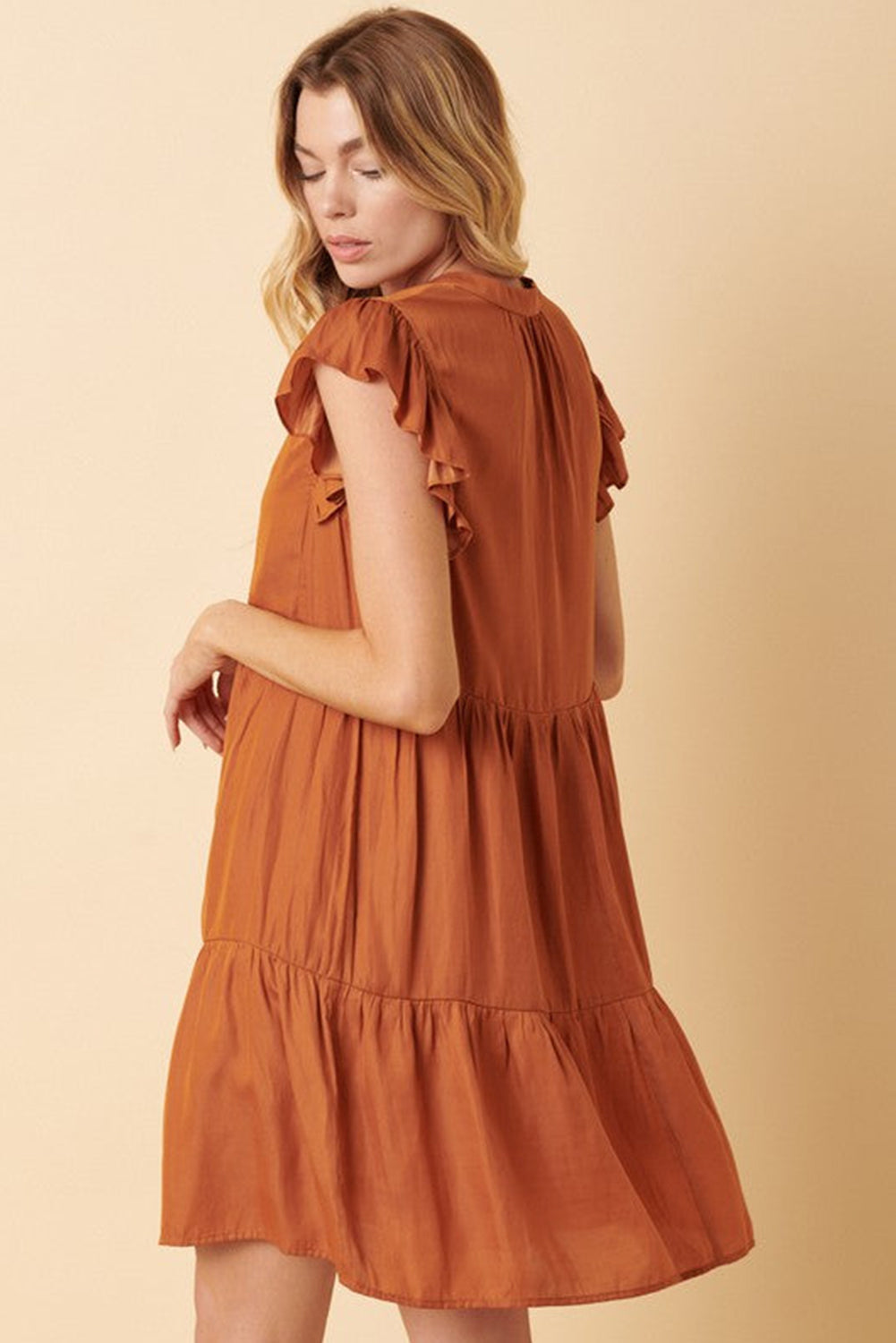 Russet Orange Ruffled Sleeve Notched V Neck Tiered Mini Dress