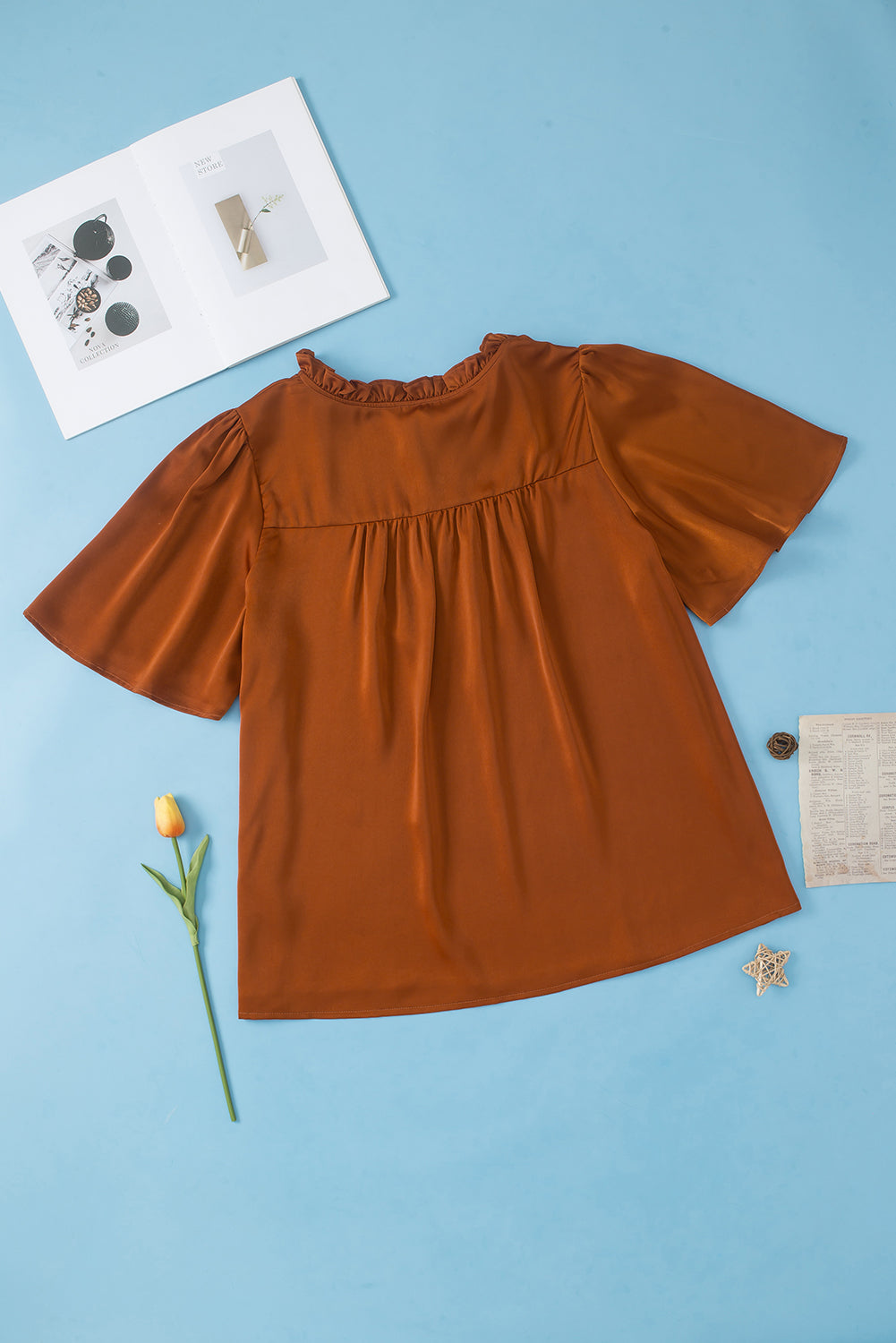 Chestnut Frilled Split Neck Plus Size Satin Blouse